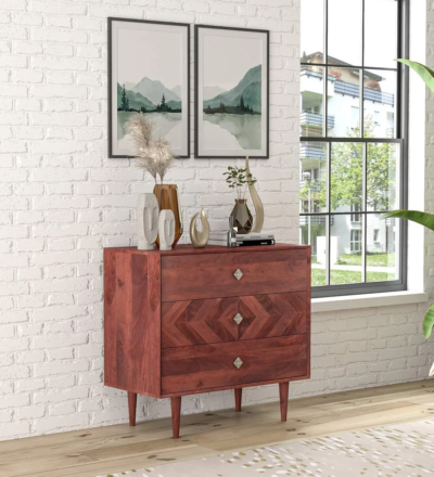 Rustic Wooden Chest of Drawers with Carved Details and Polished Surface