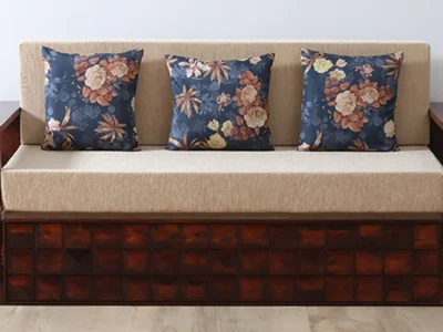 Upholstered sofa bed with cushioned seating and strong wooden frame