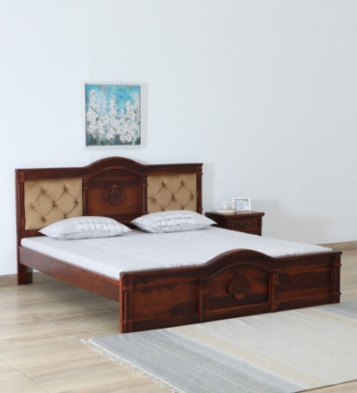 Compact upholstered bed without storage by Sarve Furniture – soft headboard and minimal wooden design