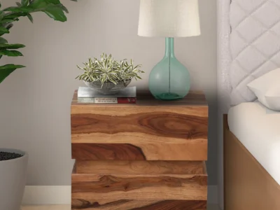 Polished Sheesham Wood Bedside Table with Carved Drawer and Shelf Design
