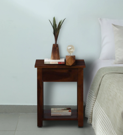 Functional Bedside Table with Open Storage Shelf and Single Pull Drawer