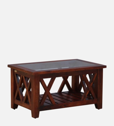 Compact Coffee Table Sheesham Wood with Storage Shelf With Glass Top By Sarve Furniture - Image 4