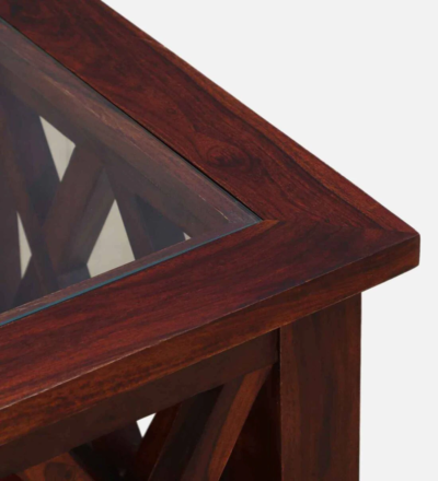 Compact Coffee Table Sheesham Wood with Storage Shelf With Glass Top By Sarve Furniture - Image 6