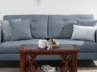 Compact Sheesham wood coffee table with storage shelf and glass top by Sarve Furniture