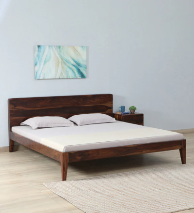 Classic Double Home Bed with Carved Wooden Headboard and Simple Leg Design