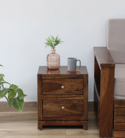 Compact Nightstand Table with Two Drawers and Solid Wood Frame Construction