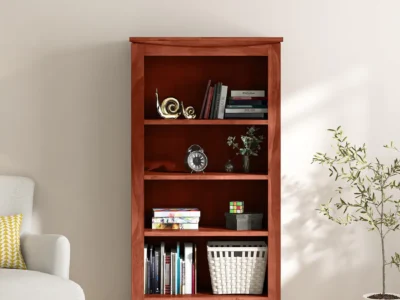 Solid Sheesham wood bookshelf with spacious shelves and traditional decorative carving by Sarve Furniture
