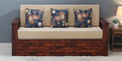 Compact sofa bed with removable back cushions for bedroom and lounge use