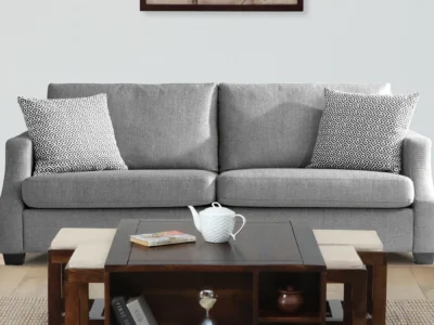 Classic nesting coffee table set with cushioned stools in Sheesham wood