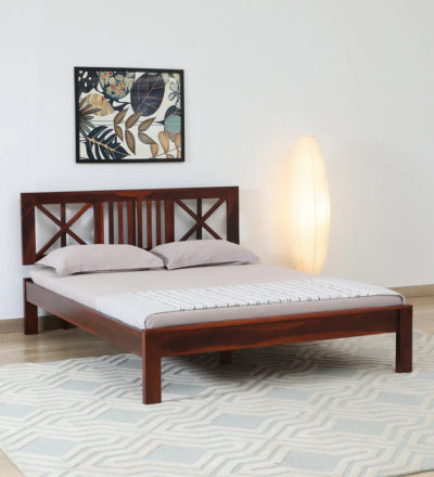 Antique look wooden bed frame without storage with detailed wood carvings by Sarve Furniture