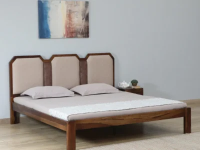 Pure solid wood bed with Gaddi headboard by Sarve Furniture – premium wooden bed with cushioned headboard
