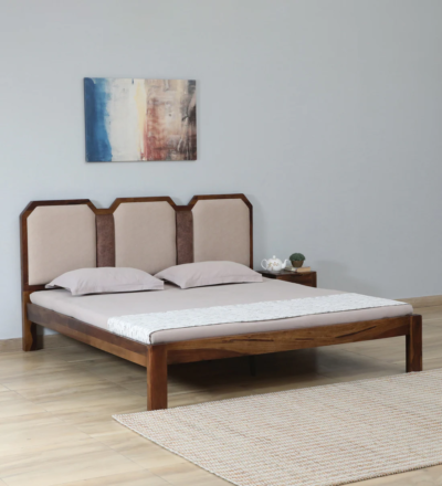 Pure solid wood bed with Gaddi headboard by Sarve Furniture – premium wooden bed with cushioned headboard