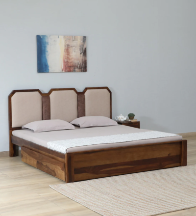 EcoRise Sheesham Wood Bed With Drawer Storage by Sarve Furniture, featuring natural wood craftsmanship and built-in storage drawers for a clutter-free bedroom.