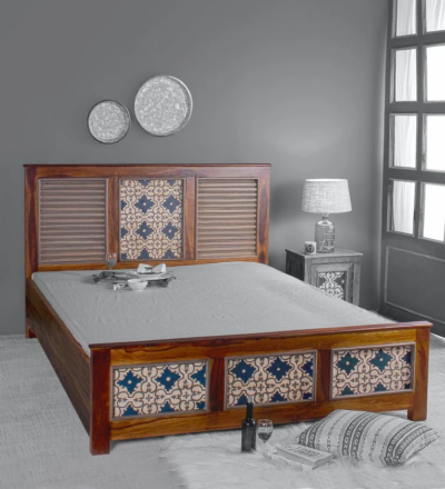 Silven Sheesham Wood Bed with Hydraulic Storage by Sarve Furniture, featuring elegant woodwork and spacious hydraulic lift storage.