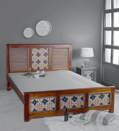 Boho style Sheesham wood bed without storage by Sarve Furniture - handcrafted solid wood frame