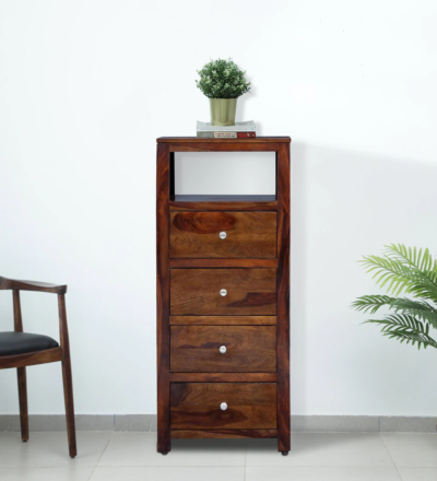 Minimalist Chest of Drawers Wooden with Teak Finish and Sleek Drawer Handles