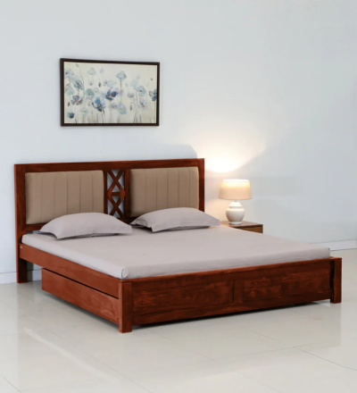 Lumera Upholstered Bed Sheesham Wood with Drawer Storage by Sarve Furniture, featuring elegant headboard and spacious storage drawers.