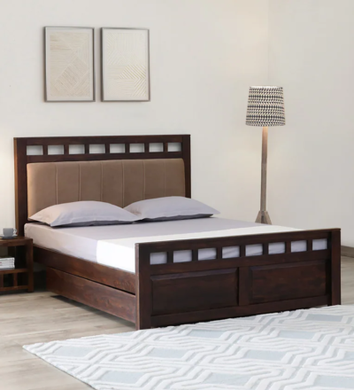 GreenNest Wooden Bed With Drawer Storage by Sarve Furniture, featuring elegant wood craftsmanship and built-in storage drawers.