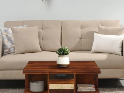 Modern wooden coffee table with storage basket and wood insert top for living room