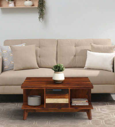 Modern wooden coffee table with storage basket and wood insert top for living room