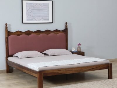 Premium Sheesham wood bed with gaddi headboard by Sarve Furniture – upholstered comfort with solid wood elegance