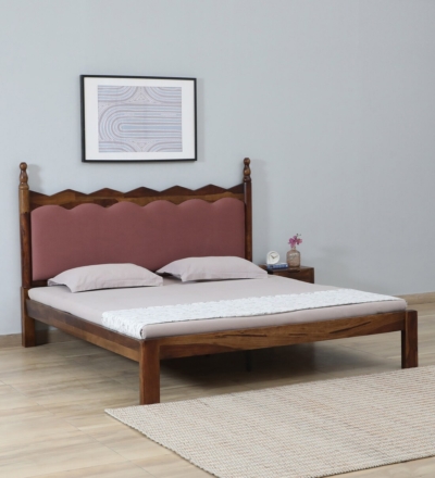 Premium Sheesham wood bed with gaddi headboard by Sarve Furniture – upholstered comfort with solid wood elegance