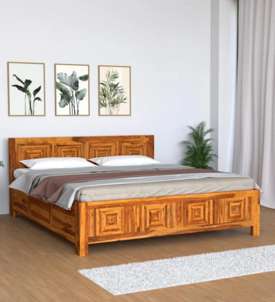 Maple Sheesham Wood Bed with Hydraulic Storage in Light Honey Finish by Sarve Furniture