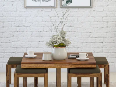 Functional Nesting Coffee Table Set Sheesham Wood With Cushioned Stools