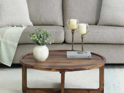 Elegant wooden coffee table with built-in storage basket and polished surface