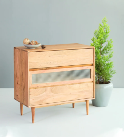 Wide Wooden Drawer Cabinet with Two Compartments and Antique Style Finish