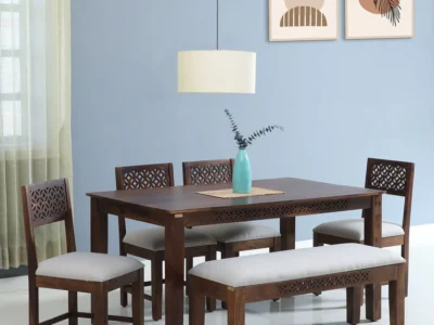 Artistic wooden dining set with natural texture and teak wood finish