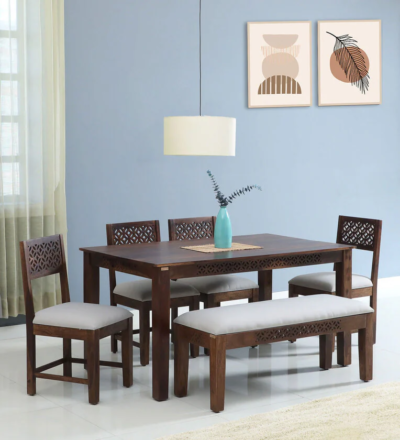 Artistic wooden dining set with natural texture and teak wood finish