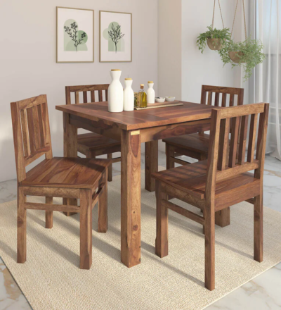 Teak Wood Dining Set with Four Armless Chairs and Rectangular Tabletop