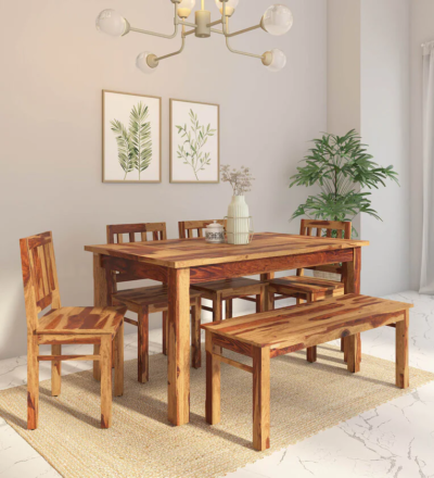 Dining Set with Bench and Four Wooden Chairs in Premium Sheesham Wood