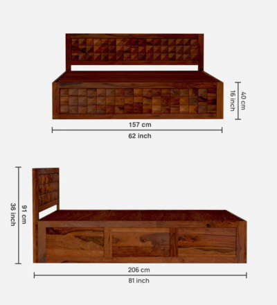 Rustic Sheesham Wood Bed with Storage and Vintage Carved Headrest Design - Image 3