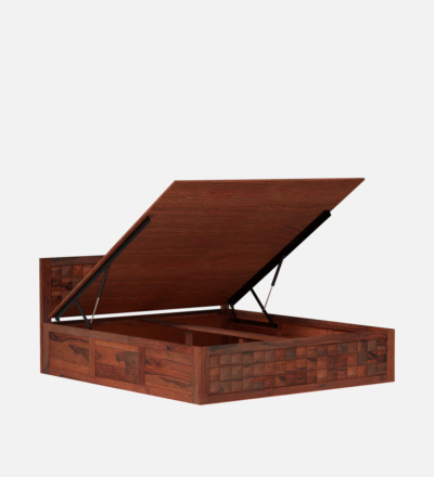 Rustic Sheesham Wood Bed with Storage and Vintage Carved Headrest Design - Image 6