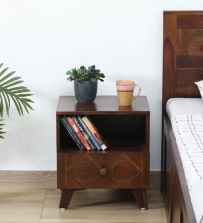 Unique Bedside Table Sheesham Wood with Drawer – Handcrafted Nightstand by Sarve Furniture, Distinctive Design with Premium Sheesham Wood