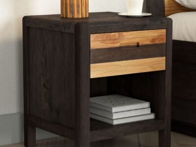 Wooden Minimalist Nightstand with Two Drawers and Convenient Open Storage Shelf