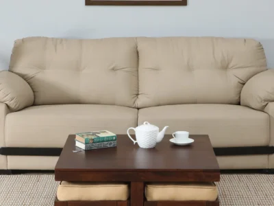 Vintage Sheesham wood coffee table set in walnut finish with 4 stools by Sarve Furniture