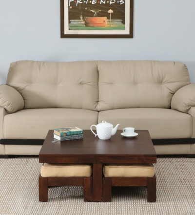 Vintage Sheesham wood coffee table set in walnut finish with 4 stools by Sarve Furniture