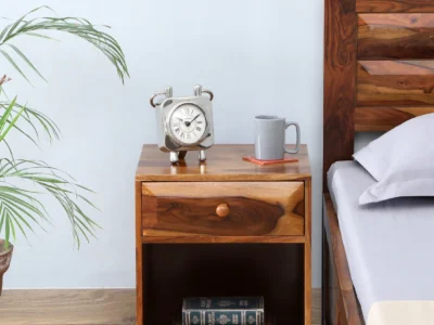 Wooden Nightstand with Smooth Polish, Soft-Close Drawers, and Open Storage Shelf