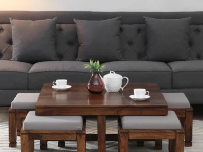 Storage Nesting Coffee Table Set Sheesham Wood With Cushioned Stools