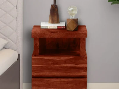 Wooden handcrafted bedside table with open shelf and drawer by Sarve Furniture – rustic wooden nightstand for bedroom storage