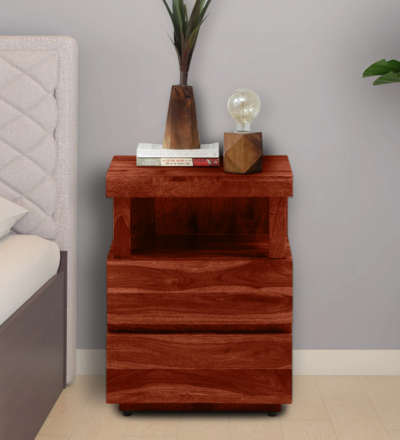 Wooden handcrafted bedside table with open shelf and drawer by Sarve Furniture – rustic wooden nightstand for bedroom storage