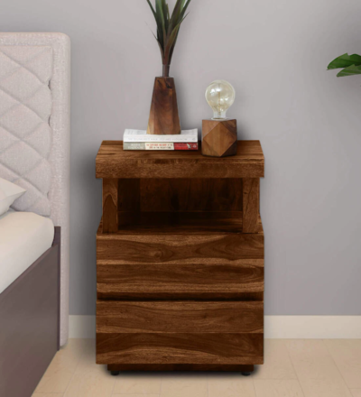 Premium Sheesham wood nightstand with two spacious drawers, handcrafted by Sarve Furniture for a blend of elegance and functionality.
