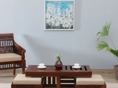 Solid wood nesting coffee table set with cushioned stools by Sarve Furniture