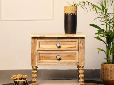 Minimalist wooden nightstand with two drawers and bottom open shelf for organized bedroom storage.