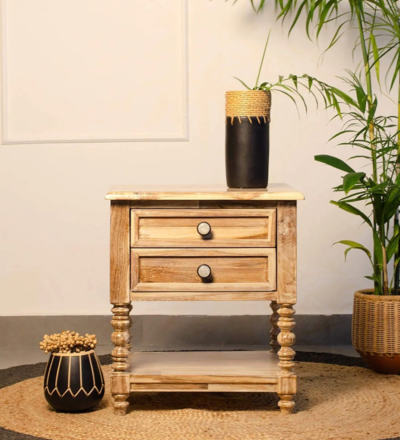 Minimalist wooden nightstand with two drawers and bottom open shelf for organized bedroom storage.