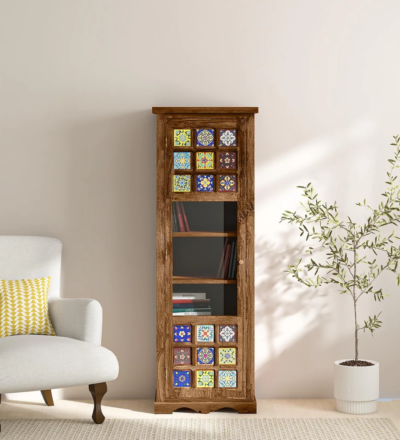 Designer Sheesham wood bookshelf with hand-carved patterns by Sarve Furniture