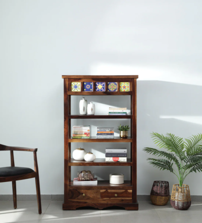 Designer Sheesham wood bookcase with angled shelves by Sarve Furniture